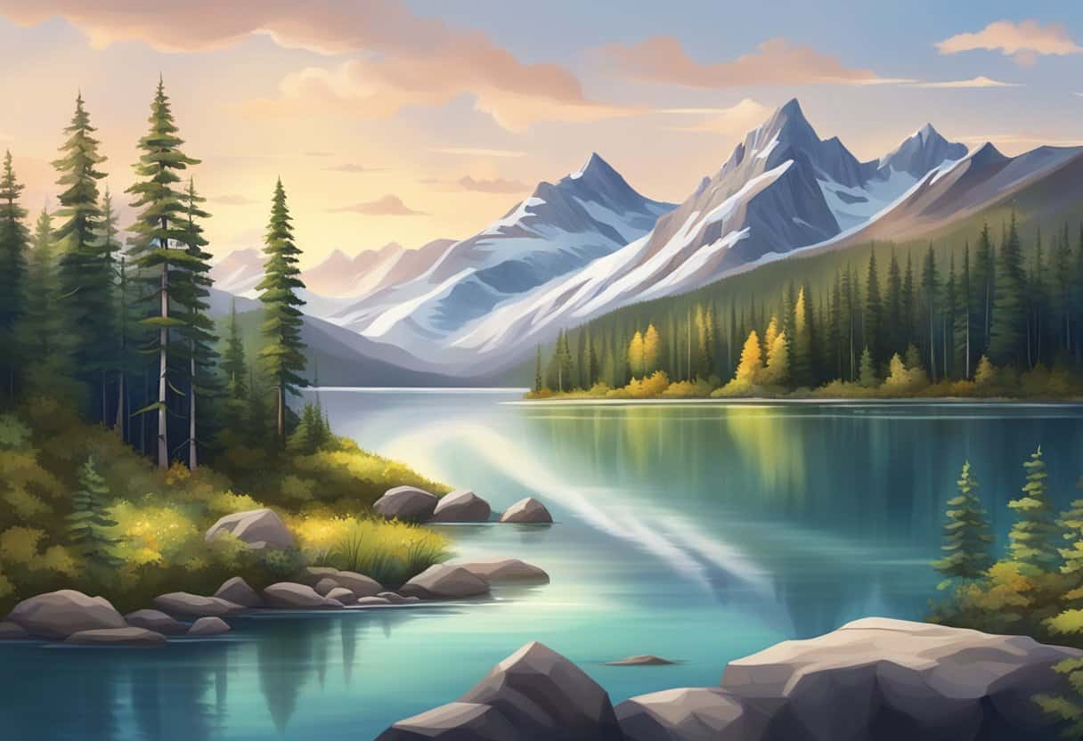 A serene Canadian landscape with lush forests, crystal-clear lakes, and snow-capped mountains, showcasing the high quality of life benefits of living in Canada