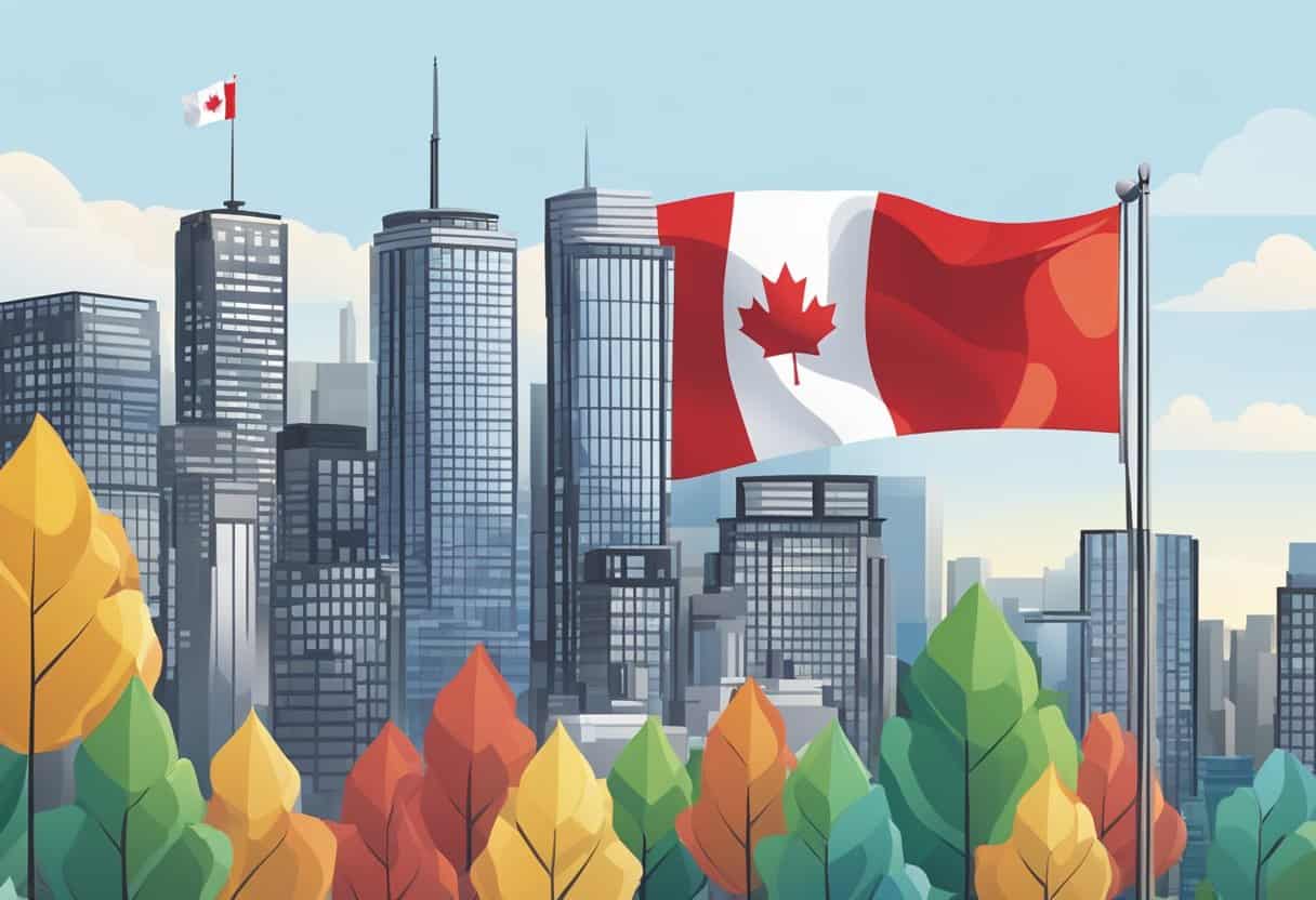 A vibrant Canadian flag waves proudly in the breeze, symbolizing economic stability and opportunity. A diverse city skyline in the background showcases a thriving economy