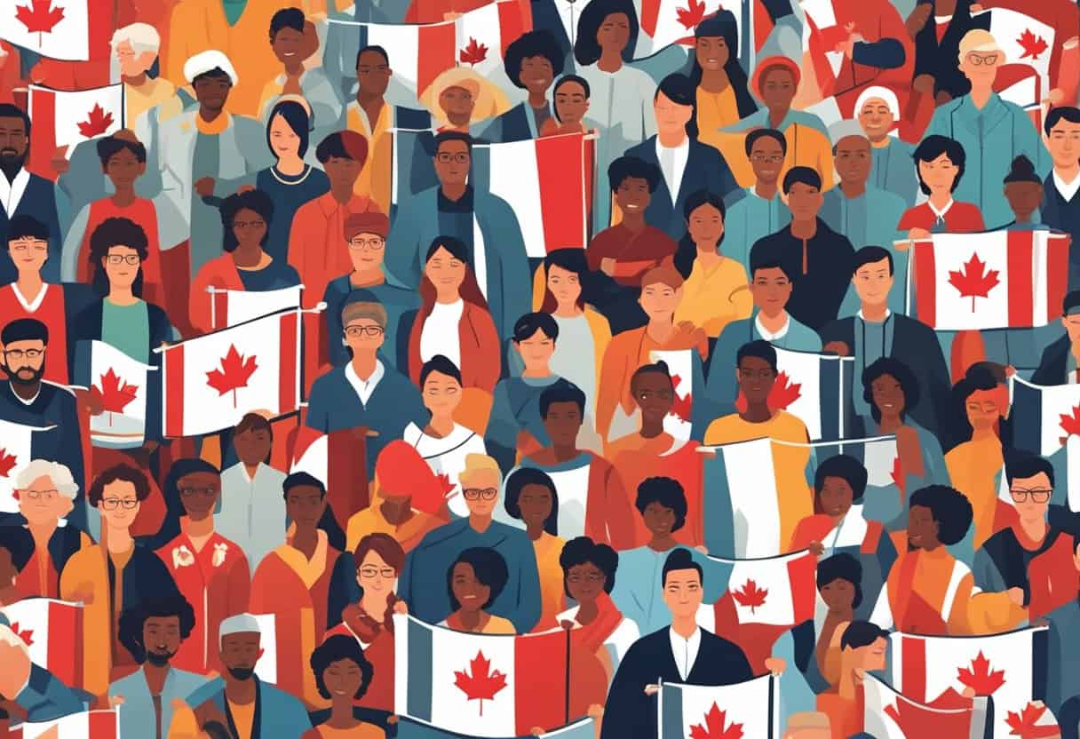 A diverse group of people from around the world gather in front of a welcoming Canadian flag, symbolizing the benefits of living in Canada under its immigration policies
