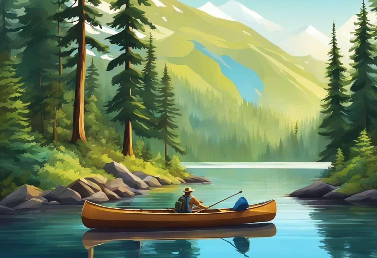 Lush Canadian forest with sparkling lakes, snow-capped mountains, and abundant wildlife. Canoe gliding on tranquil waters, hikers exploring scenic trails
